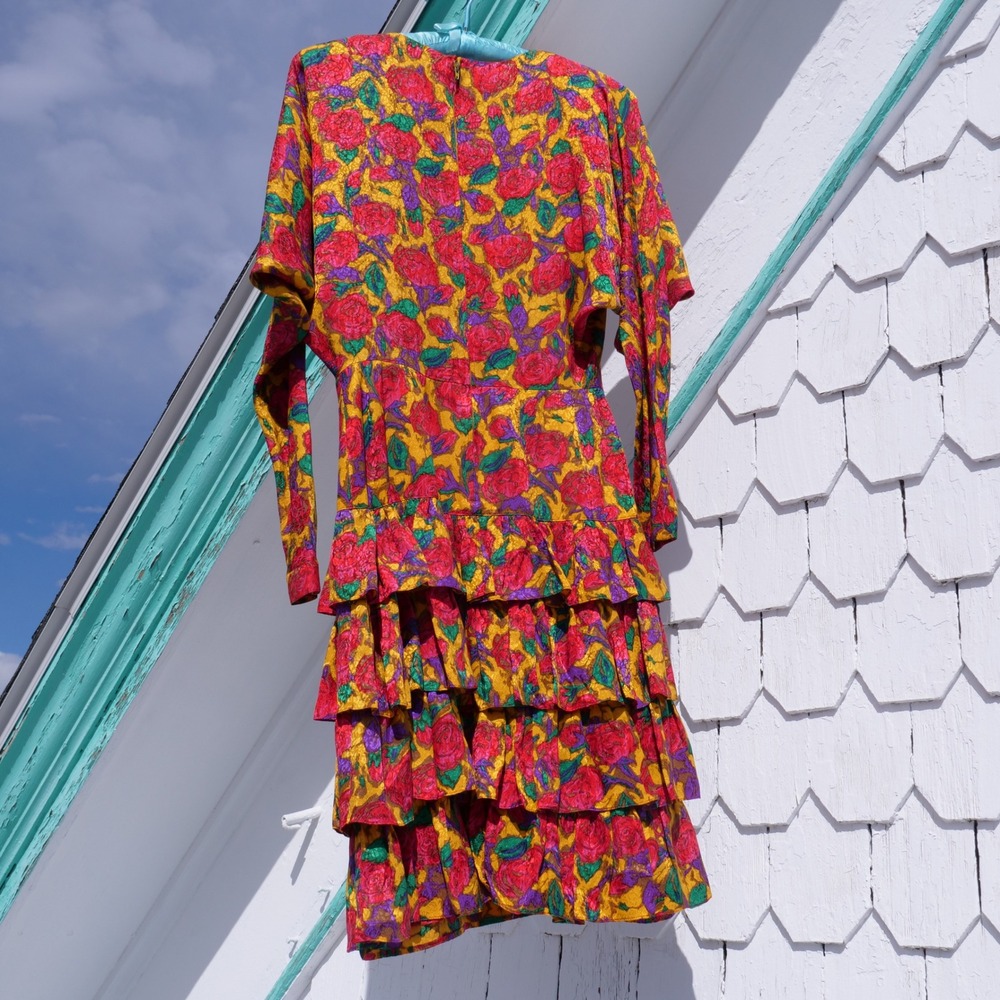 Fun wild vintage 90s Silks by St. Gillian floral silk ruffle skirt party dress - Picture 3 of 8